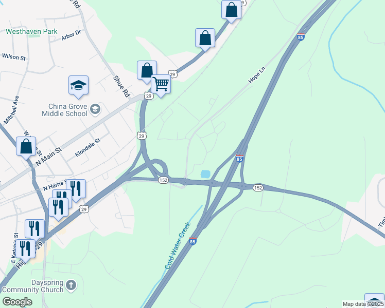 map of restaurants, bars, coffee shops, grocery stores, and more near 108 Yost Town Road in China Grove