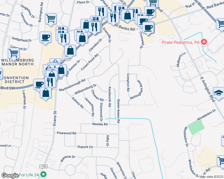 map of restaurants, bars, coffee shops, grocery stores, and more near 111 Kenilworth Road in Greenville