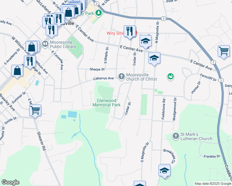 map of restaurants, bars, coffee shops, grocery stores, and more near 263 Glenwood Drive in Mooresville