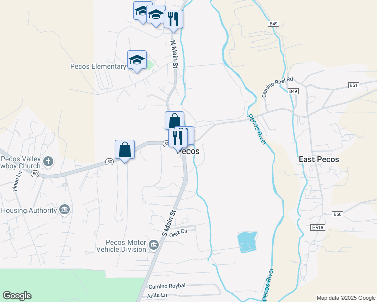 map of restaurants, bars, coffee shops, grocery stores, and more near in Pecos