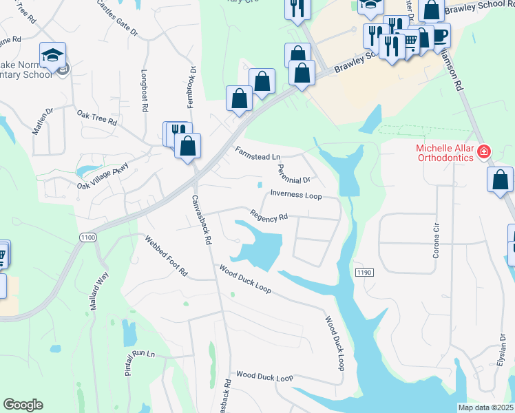 map of restaurants, bars, coffee shops, grocery stores, and more near 147 Regency Road in Mooresville