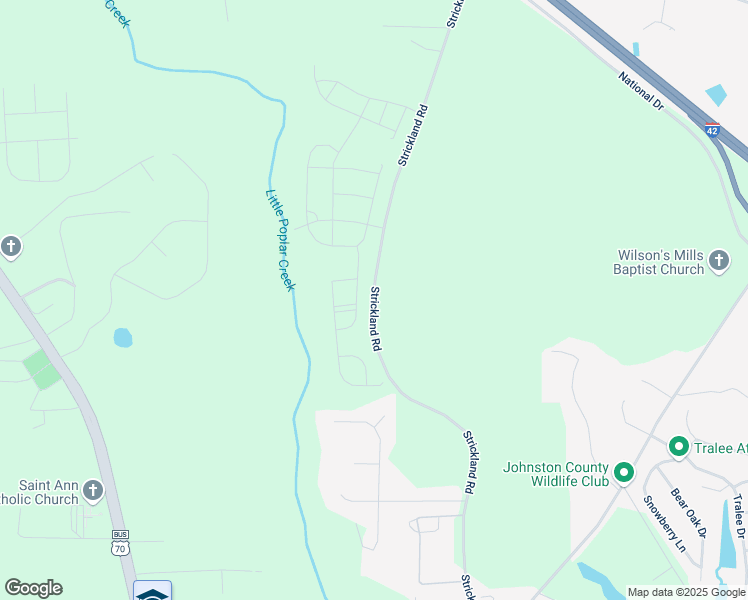 map of restaurants, bars, coffee shops, grocery stores, and more near Strickland Road in Johnston County