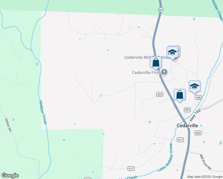 map of restaurants, bars, coffee shops, grocery stores, and more near 1326 Bewley Road in Cedarville