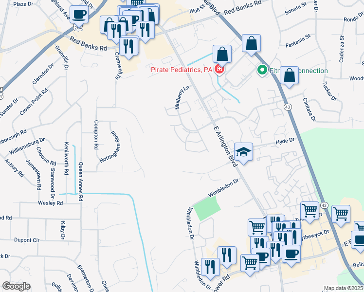 map of restaurants, bars, coffee shops, grocery stores, and more near 2922 Mulberry Lane in Greenville