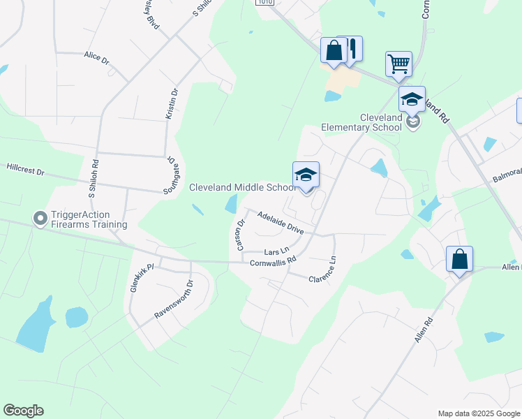 map of restaurants, bars, coffee shops, grocery stores, and more near 148 Adelaide Drive in Garner