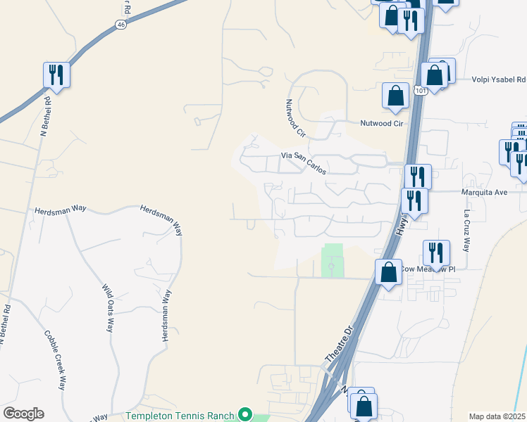 map of restaurants, bars, coffee shops, grocery stores, and more near 820 Golden Meadow Drive in Paso Robles