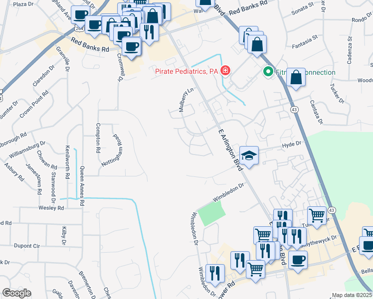 map of restaurants, bars, coffee shops, grocery stores, and more near 2922 Mulberry Lane in Greenville