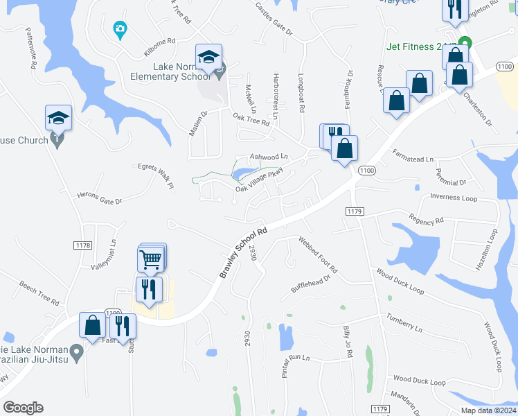map of restaurants, bars, coffee shops, grocery stores, and more near 135 Clusters Circle in Mooresville