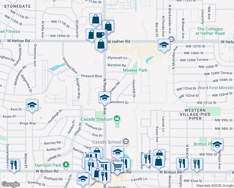 map of restaurants, bars, coffee shops, grocery stores, and more near 10117 Stoneham Avenue in The Village