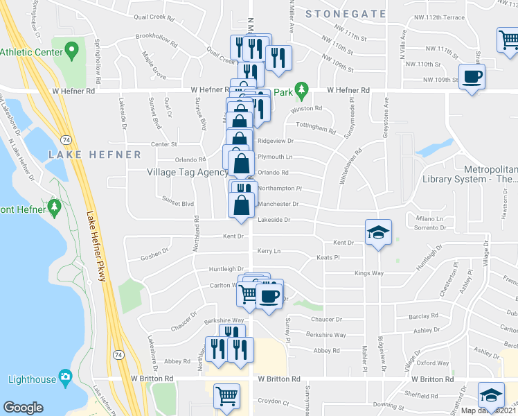 map of restaurants, bars, coffee shops, grocery stores, and more near 2828 Manchester Drive in The Village