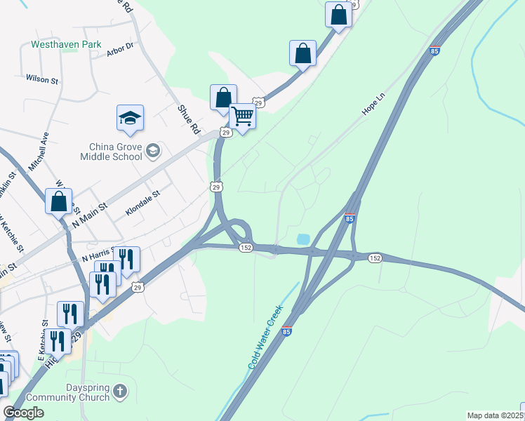map of restaurants, bars, coffee shops, grocery stores, and more near 220 Yost Town Road in China Grove