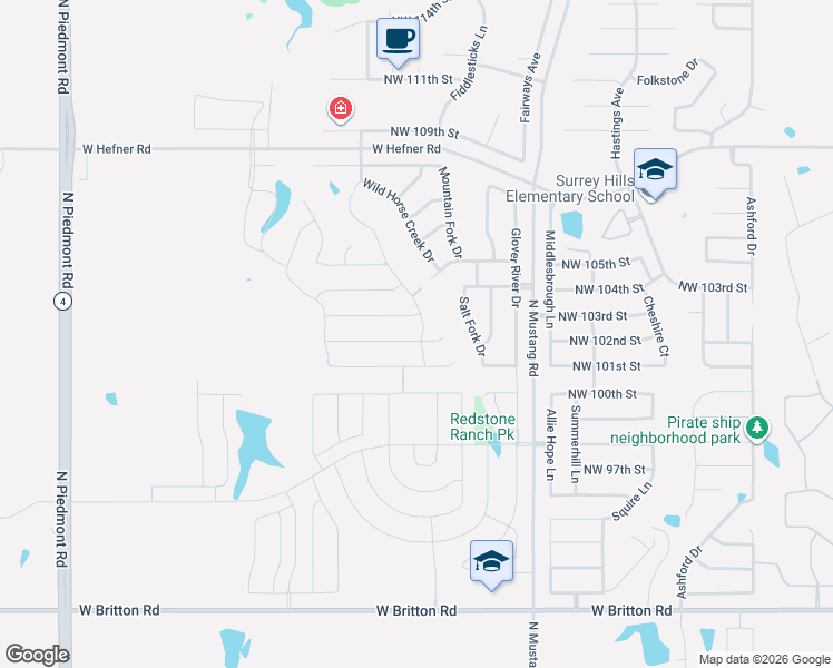 map of restaurants, bars, coffee shops, grocery stores, and more near 10061-10437 North Mustang Road in Yukon