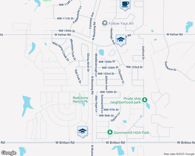 map of restaurants, bars, coffee shops, grocery stores, and more near 11320 Northwest 102nd Street in Yukon
