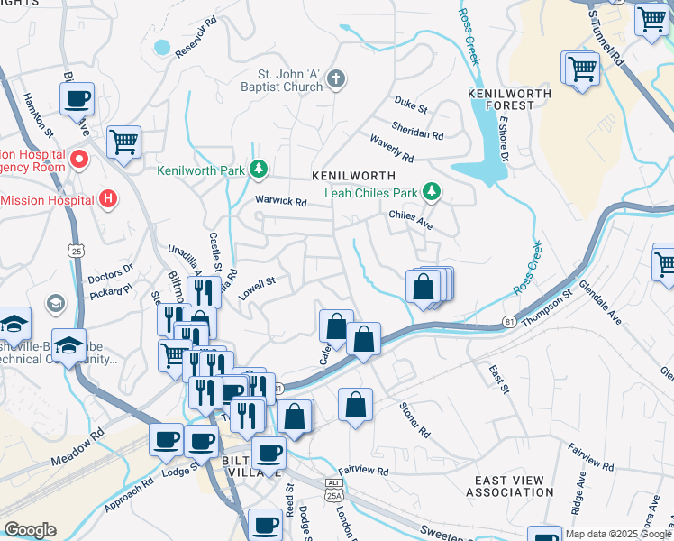 map of restaurants, bars, coffee shops, grocery stores, and more near 22 1/2 Kenilworth Road in Asheville