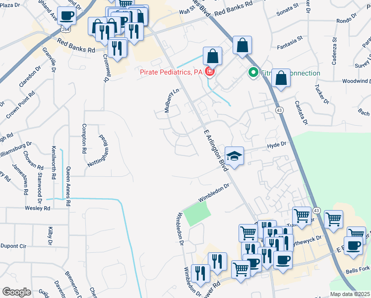 map of restaurants, bars, coffee shops, grocery stores, and more near 2926 Mulberry Lane in Greenville