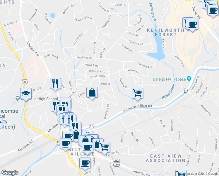map of restaurants, bars, coffee shops, grocery stores, and more near 22 Kenilworth Road in Asheville