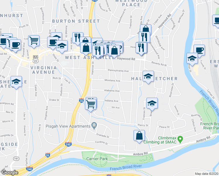 map of restaurants, bars, coffee shops, grocery stores, and more near 77 Alabama Avenue in Asheville