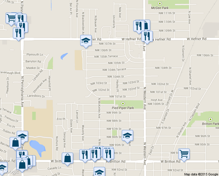 map of restaurants, bars, coffee shops, grocery stores, and more near 10212 North University Avenue in Oklahoma City