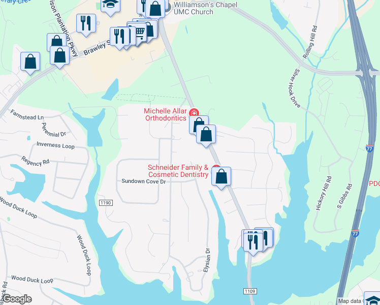map of restaurants, bars, coffee shops, grocery stores, and more near 328 Elysian Drive in Mooresville