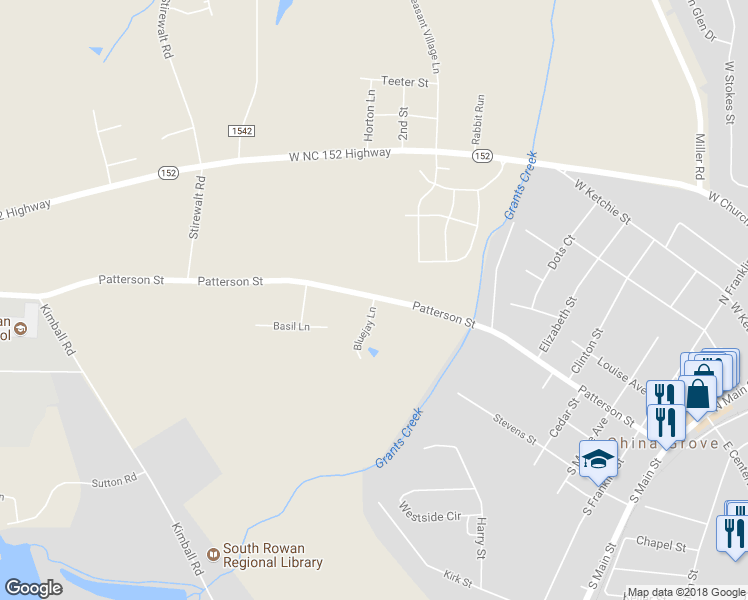 map of restaurants, bars, coffee shops, grocery stores, and more near 1055 Patterson Street in China Grove