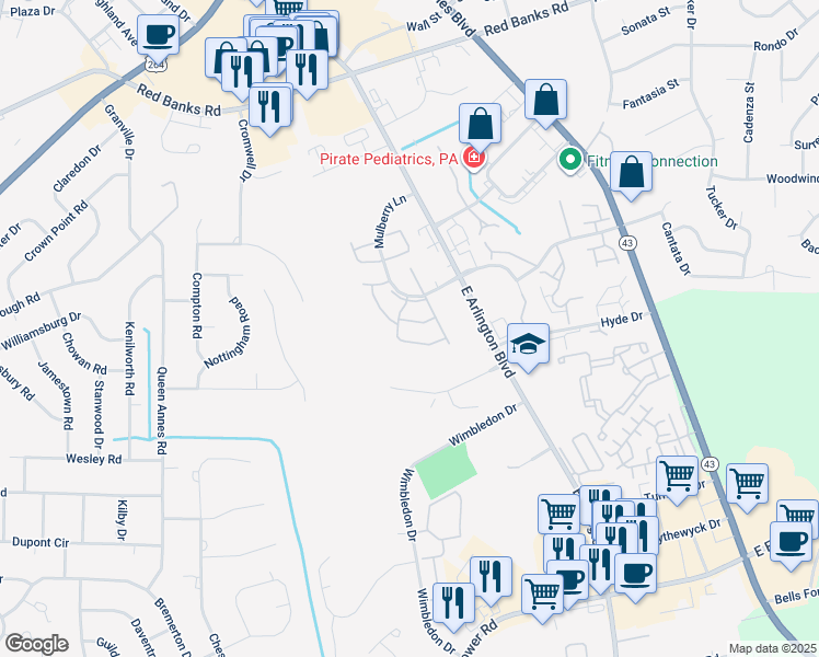 map of restaurants, bars, coffee shops, grocery stores, and more near 2914 Mulberry Lane in Greenville