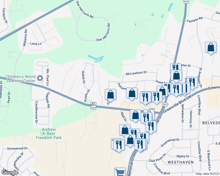 map of restaurants, bars, coffee shops, grocery stores, and more near 200 Rollins Drive in Greenville