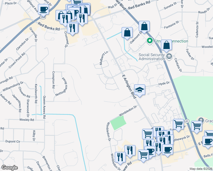 map of restaurants, bars, coffee shops, grocery stores, and more near 2926 Mulberry Lane in Greenville