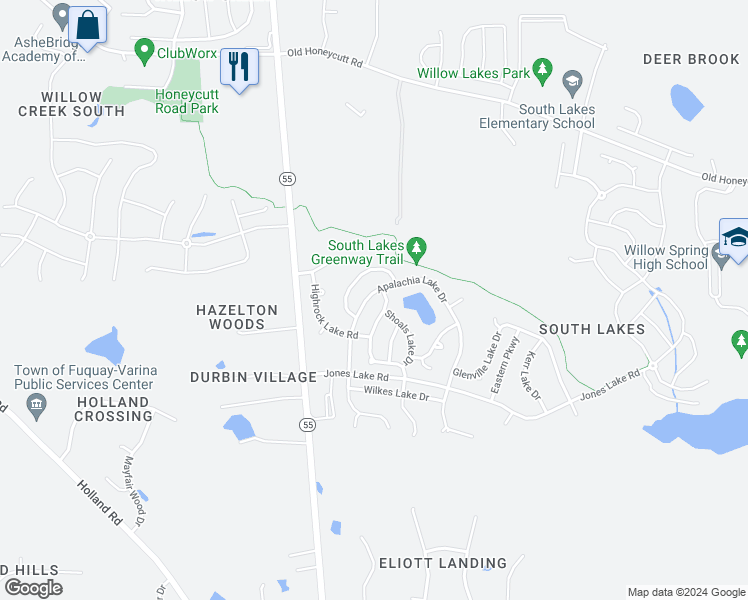 map of restaurants, bars, coffee shops, grocery stores, and more near 520 Apalachia Lake Drive in Fuquay-Varina
