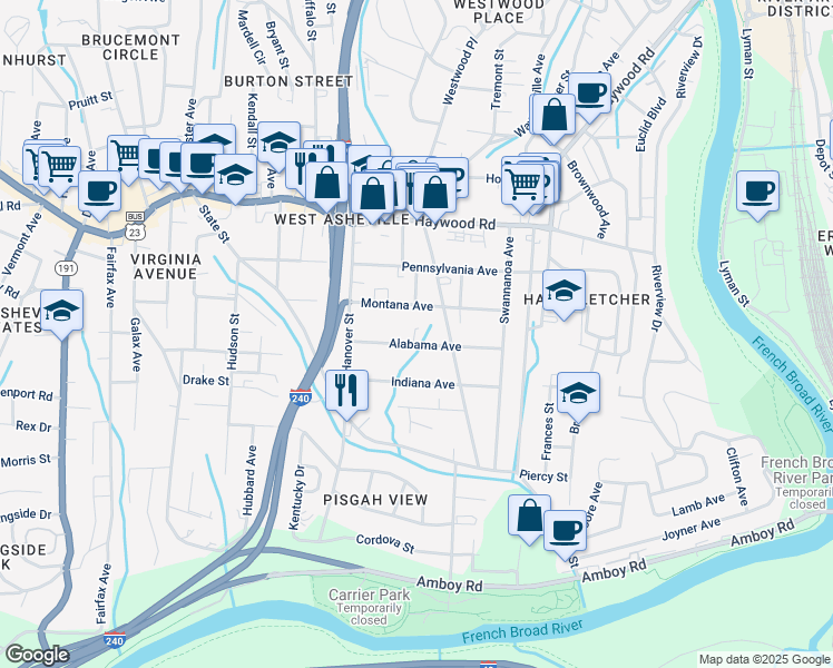 map of restaurants, bars, coffee shops, grocery stores, and more near 85 Alabama Avenue in Asheville