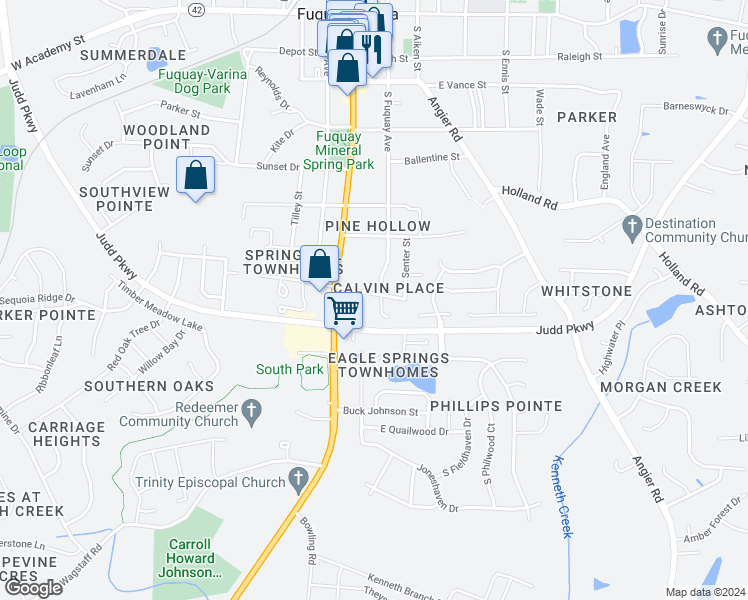 map of restaurants, bars, coffee shops, grocery stores, and more near 114 Arnold Lane in Fuquay-Varina