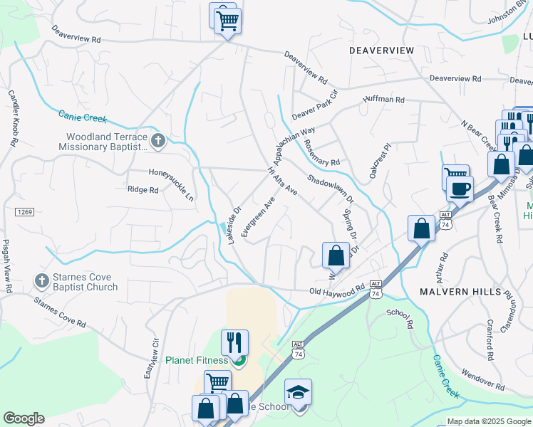 map of restaurants, bars, coffee shops, grocery stores, and more near 42 Robinwood Avenue in Asheville