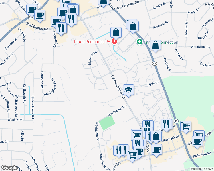 map of restaurants, bars, coffee shops, grocery stores, and more near 3010 Mulberry Lane in Greenville