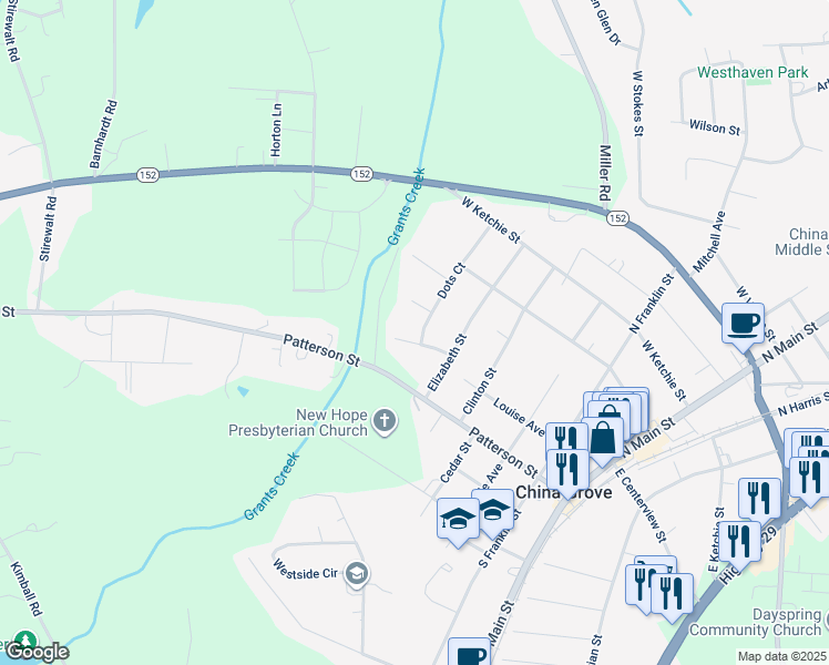 map of restaurants, bars, coffee shops, grocery stores, and more near Azalea Lane in China Grove