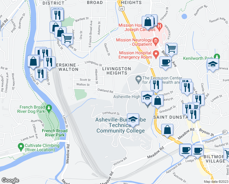 map of restaurants, bars, coffee shops, grocery stores, and more near 1 Erskine Avenue in Asheville