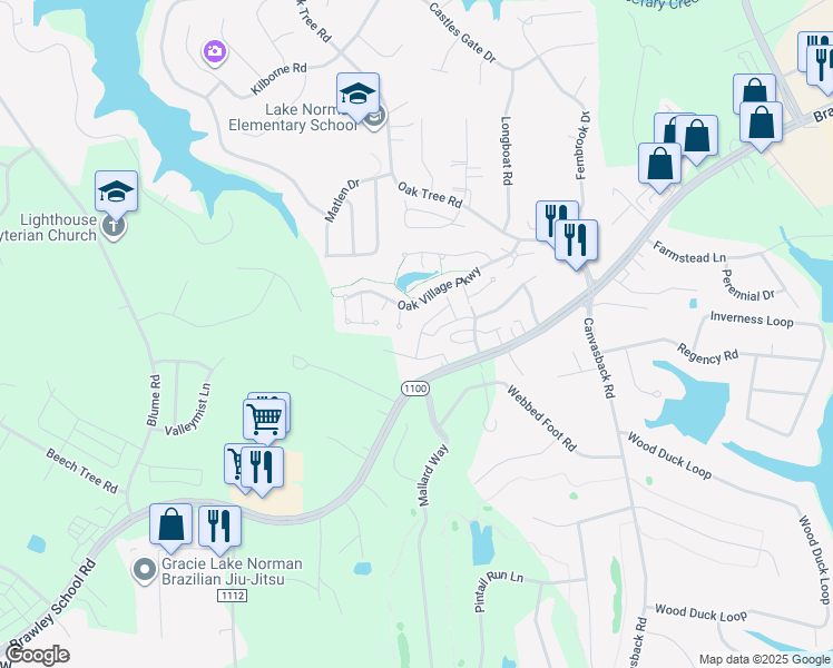 map of restaurants, bars, coffee shops, grocery stores, and more near 147 Clusters Circle in Mooresville