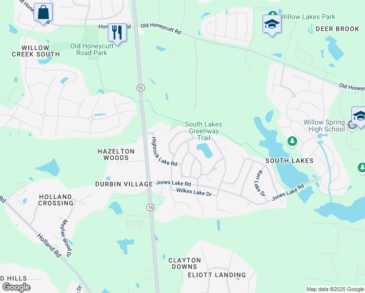 map of restaurants, bars, coffee shops, grocery stores, and more near 520 Apalachia Lake Drive in Fuquay-Varina