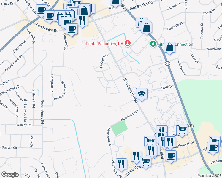map of restaurants, bars, coffee shops, grocery stores, and more near 2914 Mulberry Lane in Greenville