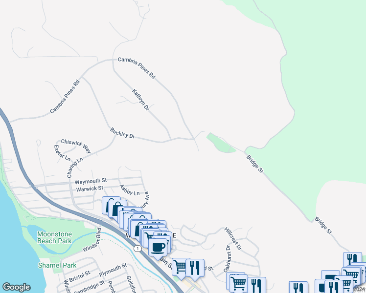 map of restaurants, bars, coffee shops, grocery stores, and more near 6370 Buckley Drive in Cambria