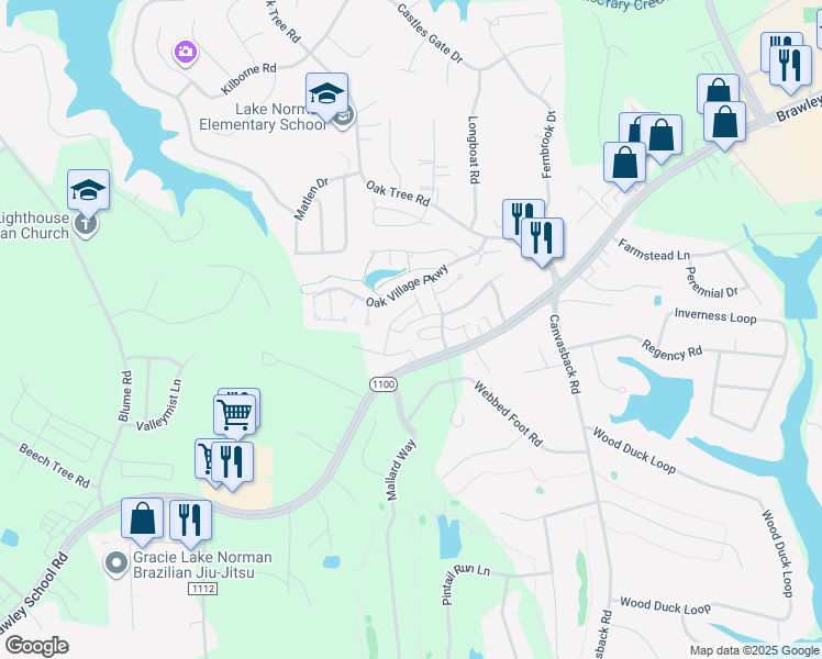 map of restaurants, bars, coffee shops, grocery stores, and more near 147 Clusters Circle in Mooresville