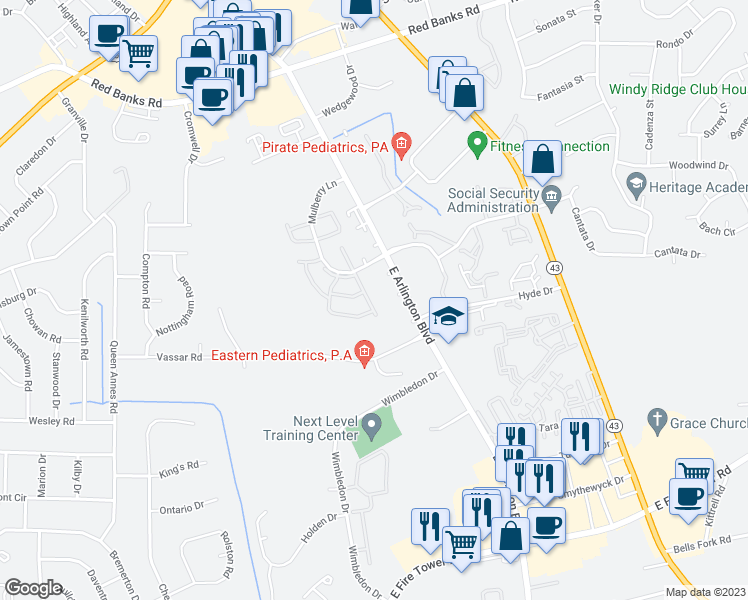 map of restaurants, bars, coffee shops, grocery stores, and more near 3008 Mulberry Lane in Greenville