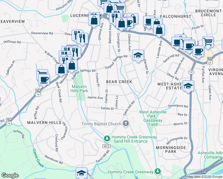map of restaurants, bars, coffee shops, grocery stores, and more near 44 Woodgate Drive in Asheville