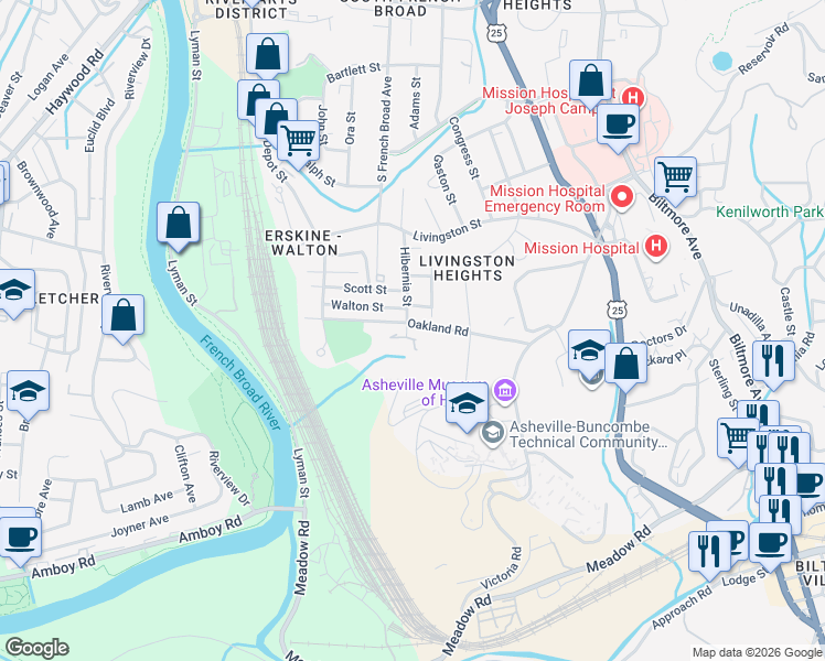 map of restaurants, bars, coffee shops, grocery stores, and more near 12 Aden Lane in Asheville