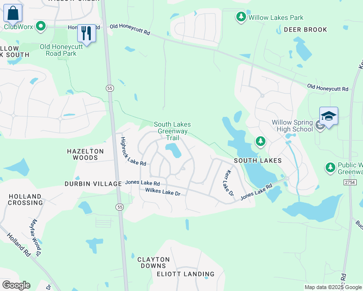 map of restaurants, bars, coffee shops, grocery stores, and more near 634 Apalachia Lake Drive in Fuquay Varina