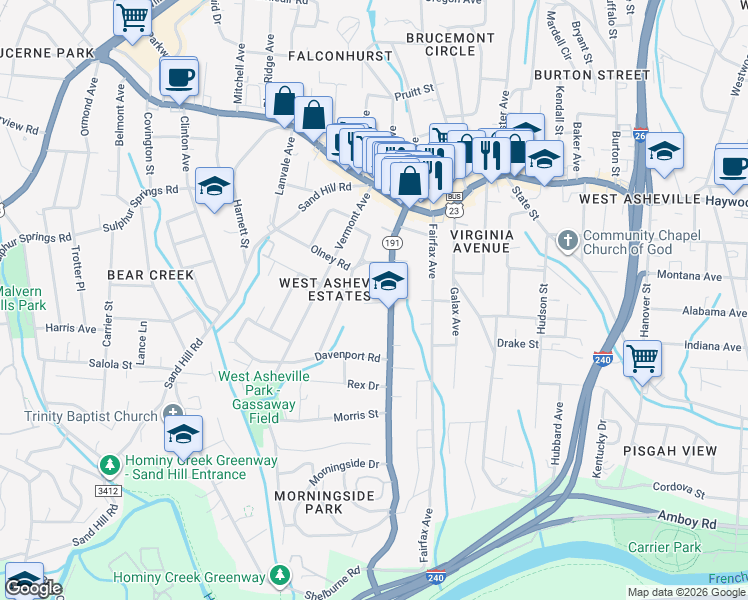 map of restaurants, bars, coffee shops, grocery stores, and more near 10 Cairn Lane in Asheville