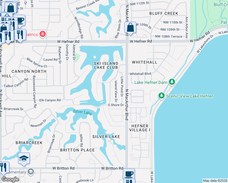 map of restaurants, bars, coffee shops, grocery stores, and more near 10200 Eastlake Drive in Oklahoma City