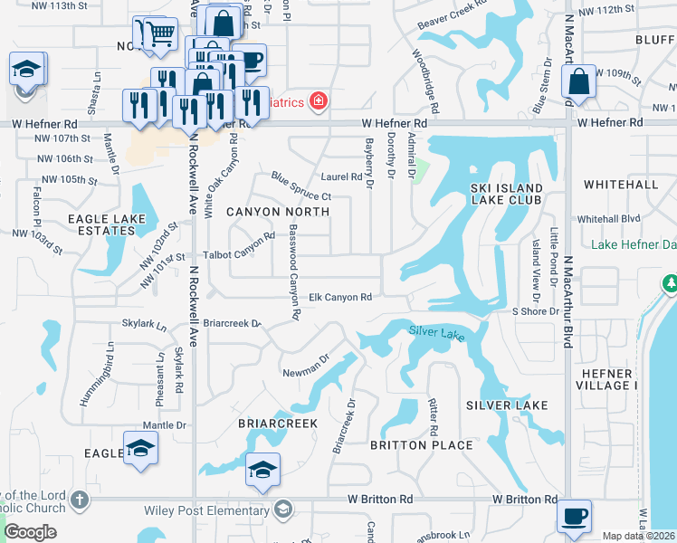 map of restaurants, bars, coffee shops, grocery stores, and more near 6628 Fawn Canyon Drive in Oklahoma City