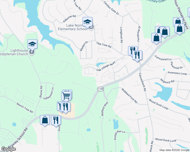 map of restaurants, bars, coffee shops, grocery stores, and more near 114 Abbotswood Place in Mooresville