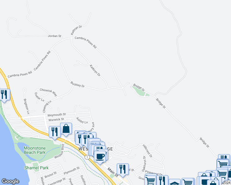 map of restaurants, bars, coffee shops, grocery stores, and more near 6370 Buckley Drive in Cambria