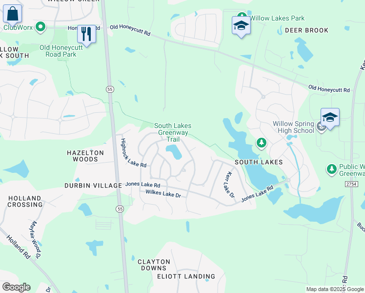 map of restaurants, bars, coffee shops, grocery stores, and more near 634 Apalachia Lake Drive in Fuquay Varina