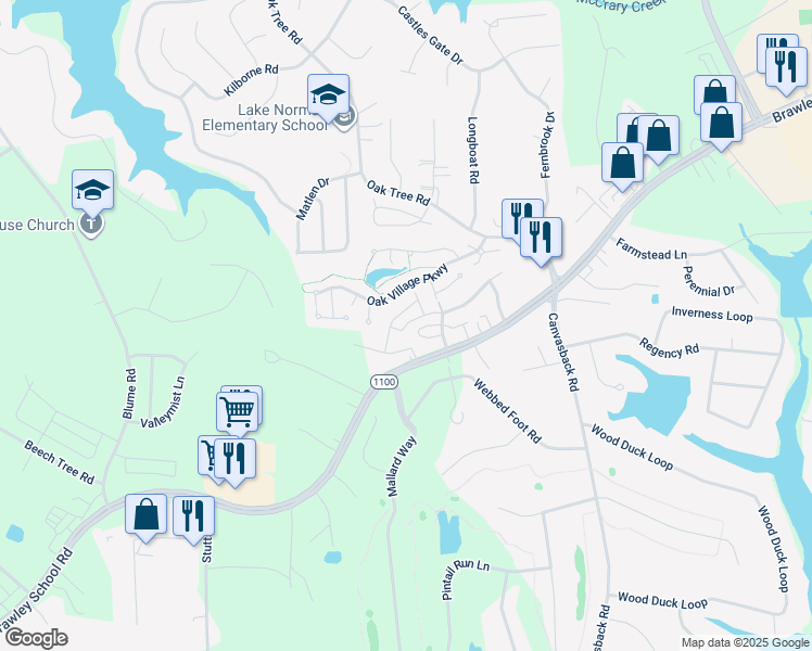 map of restaurants, bars, coffee shops, grocery stores, and more near 137 Clusters Circle in Mooresville